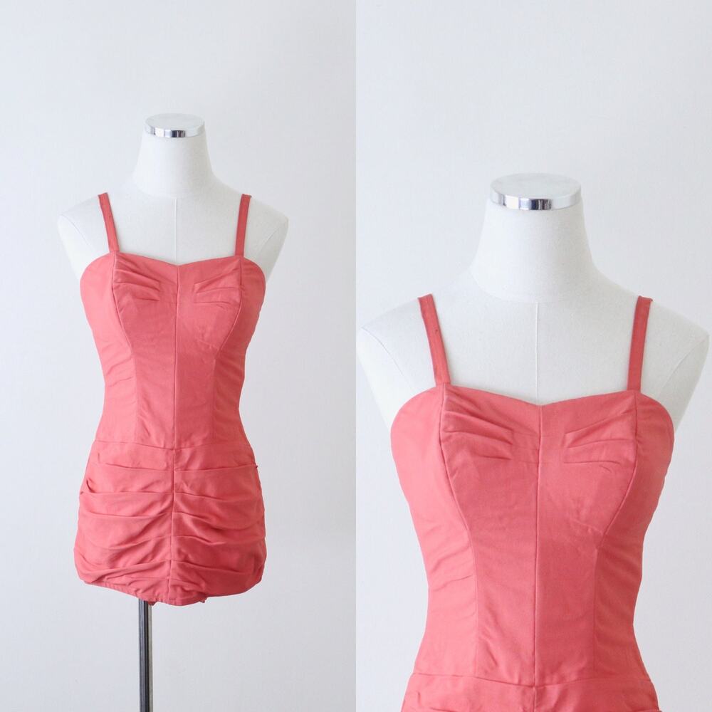 Vintage 1950s Size XS Sweetheart Draped Sheath One Piece Bathing Suit Coral Pink
